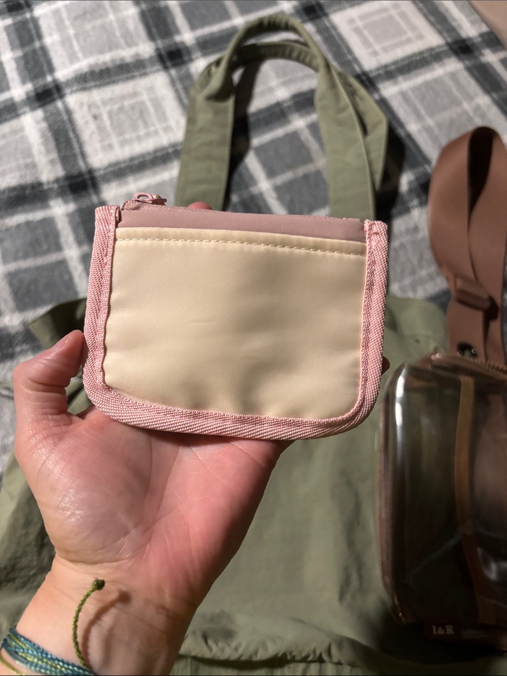 I&R Olive Green Women’s Tote Bag with Pink Pocket - Picture 2 of 3